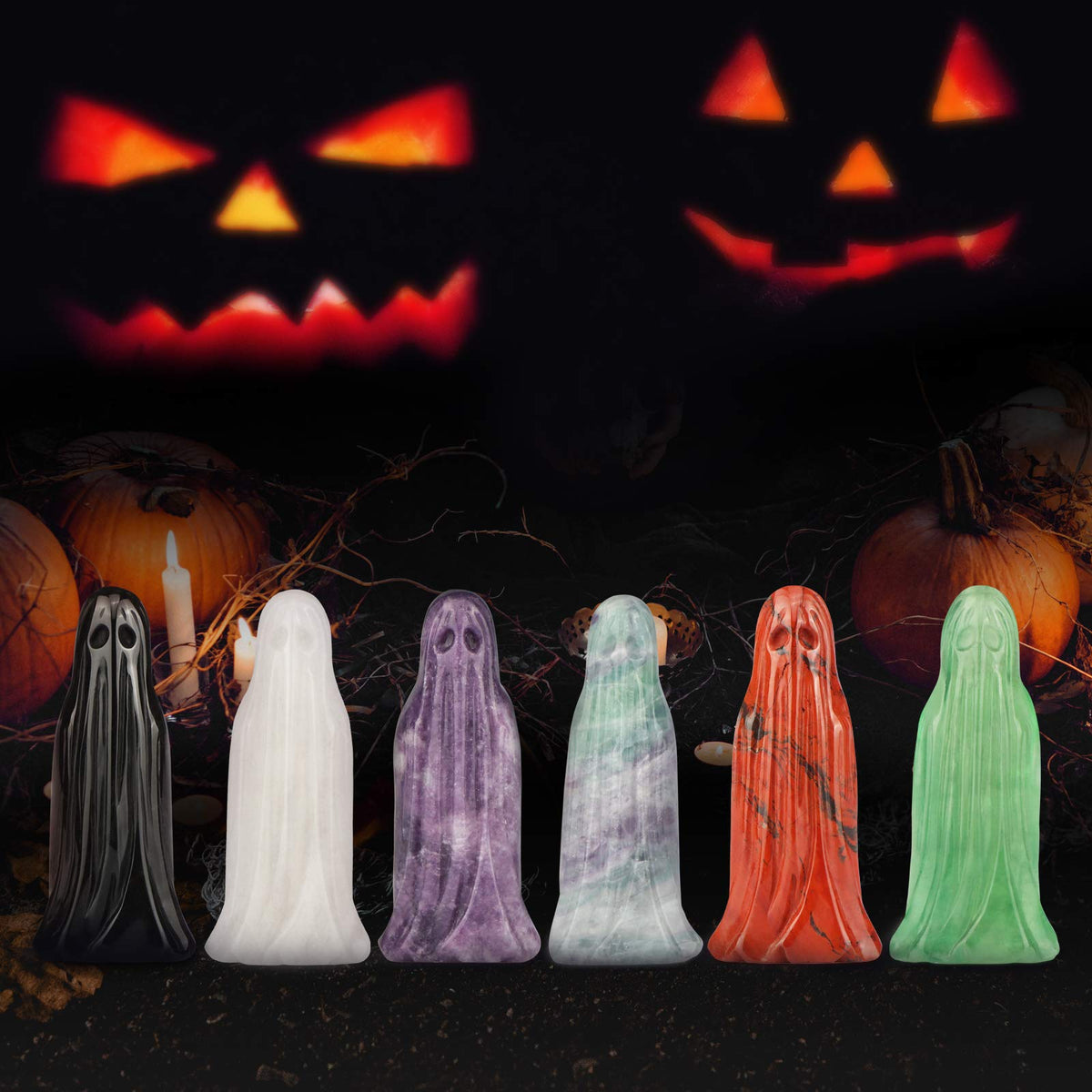 Artistone 3.0" Halloween Ghost Figurine Rainbow Fluorite Crystal Carving Gemstone Ghost Statue Carvings Collectible Sculpture for Carnival Party,Haunted House,Mantel Home