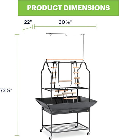 Prevue Pet Products Parrot Play Stand with Wheels - Rolling Bird Stand Play Center with Perches and Ladders, Indoor & Outdoor Playground for Birds with Swing, Enrichment Accessories - Black