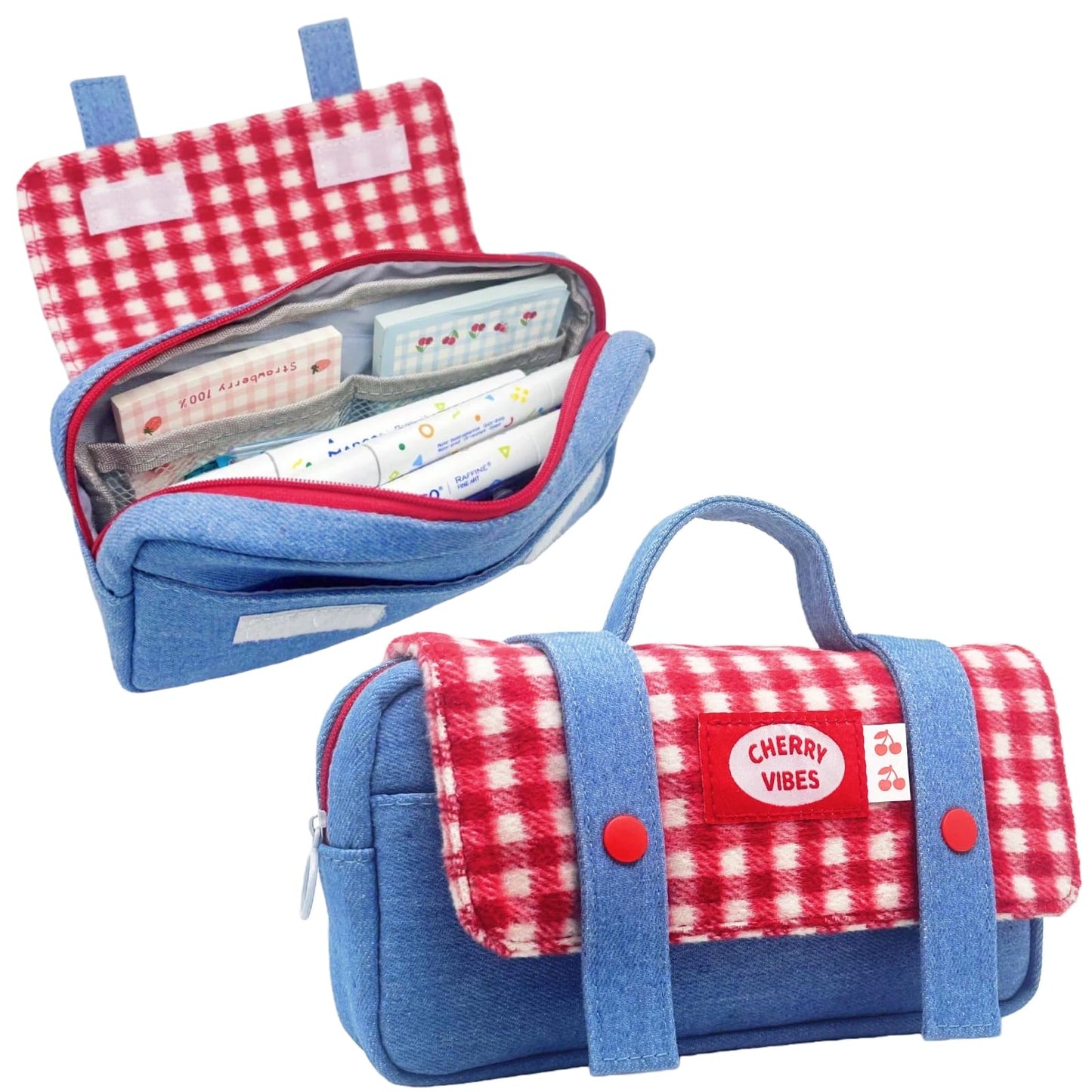 Haumei Cute Checkered Pencil Case, Red White Plaid with Denim Patchwork, Large Capacity Gingham Pattern Pen Bag with Handle, Big Stationery Organizer, Multi-Use Storage Pouch, 8.7x1.6x4.7 Inches, Blue