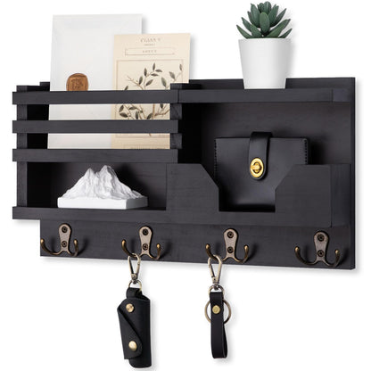 Lwenki Mail and Key Holder for Wall – Decorative 15.9” x 8.7” x 3.2” Entryway Organizer with Shelf – Paulownia Wood with 4 Dual Hooks Includes Mounting Hardware and Installation Guide