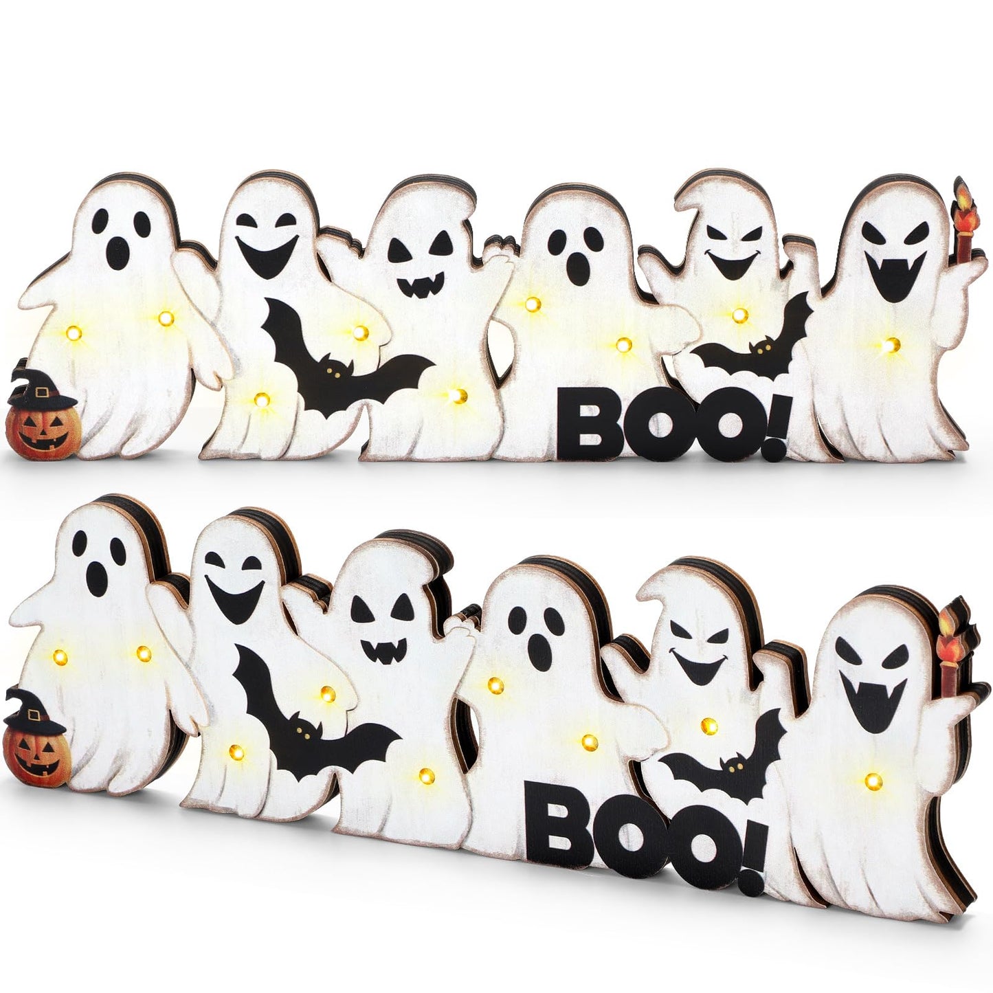 Geetery Halloween Ghost LED Wooden Sign Rustic Wooden Boo Decor Light up Boo Sign Tabletop Centerpiece Decor Ghost Bat Decorations for Halloween Mantel Table Home Indoor Party