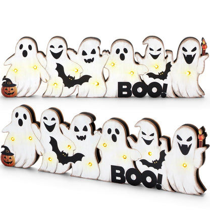 Geetery Halloween Ghost LED Wooden Sign Rustic Wooden Boo Decor Light up Boo Sign Tabletop Centerpiece Decor Ghost Bat Decorations for Halloween Mantel Table Home Indoor Party