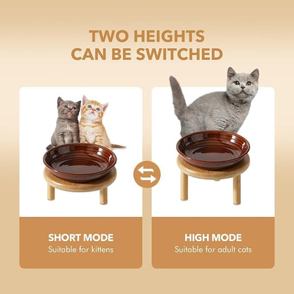 Havniva Elevated Cat Bowls Raised Ceramic Cat Bowl, 5.7” Wide Opening Cat Food Bowl Whisker Friendly Cat Dish Anti-Slip with Bamboo Stand, Shallow Pet Food & Water Bowl for Indoor Cats