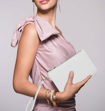 GM LIKKIE Wristlet Purse for Women, Evening Clutch Purse with strap for Party and Prom, Beach Bag for Summer (White PU Leather)
