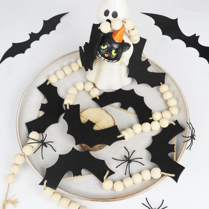 Halloween Garland Decorations, Adjustable Spooky Hanging Felt Bat Garland, Pre-Strung Aesthetic Boho Wood Beads Halloween Banner for Mantel Fireplace Home Room Indoor Farmhouse Office Wall Decor