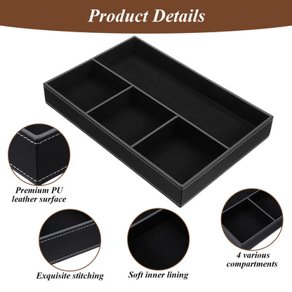 Afcabakila 2 Pieces Leather Valet Tray Nightstand Drawer Organizer Stackable Jewelry Organizer For Drawer Key Wallet Sunglass Watch Coin Phone Bedside Dresser Top Tray Black