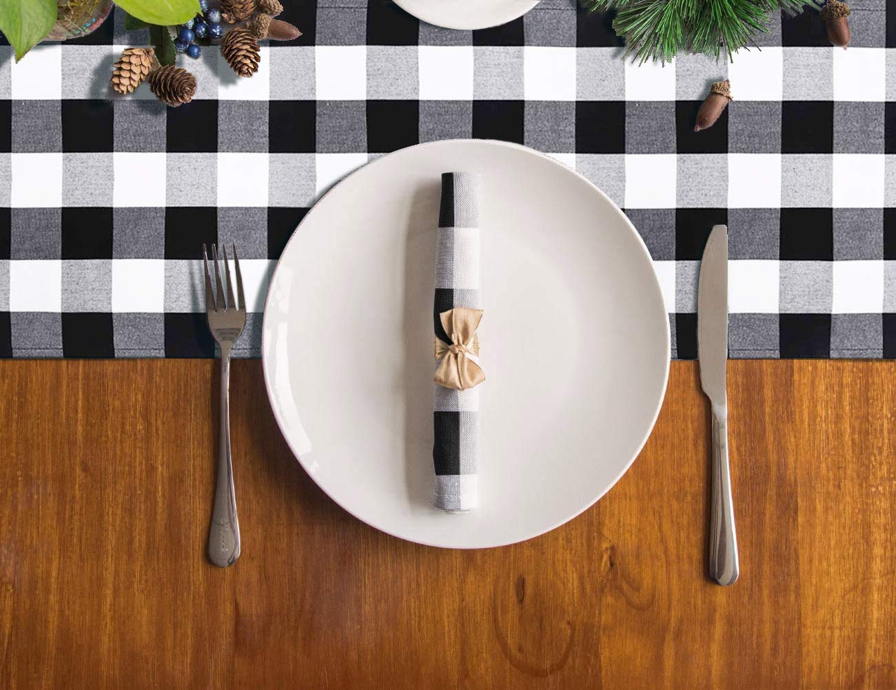 DUOBAO Black and White Checkered Table Runner 108 inches Long Halloween Tablecloth-Runners Buffalo Plaid Fabric with Tassels Gingham for Tables Outdoor Indoor Wedding Birthday Party (2pcs 14x108-Inch)