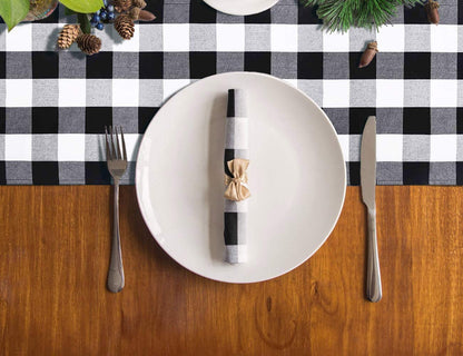DUOBAO Black and White Checkered Table Runner 108 inches Long Halloween Tablecloth-Runners Buffalo Plaid Fabric with Tassels Gingham for Tables Outdoor Indoor Wedding Birthday Party (2pcs 14x108-Inch)