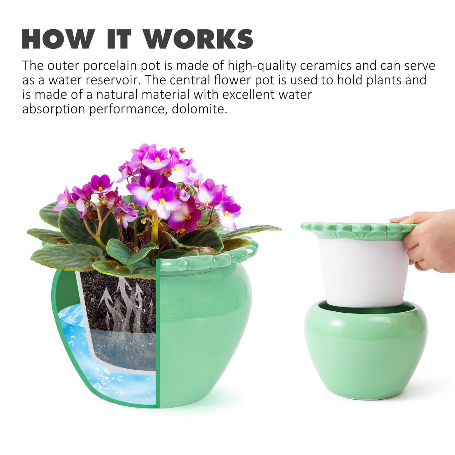 Tbpro Self Watering Plant African Violet Flower Pot 6.5 * 4.6 * 4 Inch Green Ceramic Pot Maintenance Indoor Plant Self Watering Seeder Plant Planting High Absorption Plant Inner Flower Pot