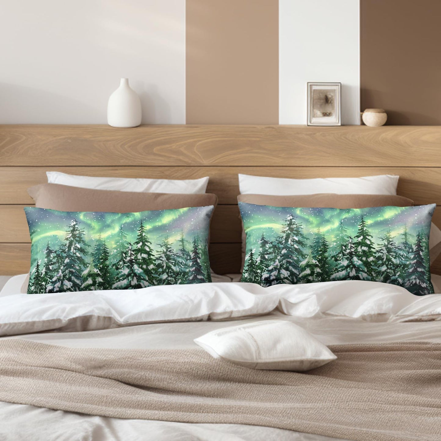 Kwlegh Winter Aurora Lumbar Pillow Covers 12x20 Set of 2 Snowy Pine Tree Throw Pillow Covers Green Polar Light Forest Pillow Case Rectangular Cushion Case for Home Decor Couch Sofa