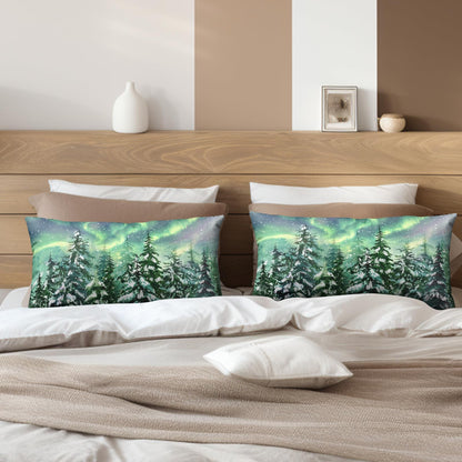 Kwlegh Winter Aurora Lumbar Pillow Covers 12x20 Set of 2 Snowy Pine Tree Throw Pillow Covers Green Polar Light Forest Pillow Case Rectangular Cushion Case for Home Decor Couch Sofa