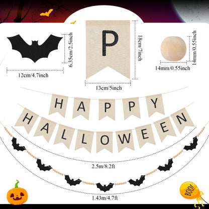 SmoothNovelty 2 Sets Halloween Decoration Wooden Felt Bat Bead Wreath Banner and Halloween Pull Flag Banner for Farmhouse Bat Wreath Decor for Mantel and Wall