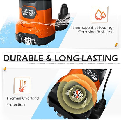Sump Pump 1HP Clean/Dirty Submersible Water Draining Pump 4500GPH Electric Portable Water Transfer Pumps for Pool Basement Garden Spa Hot Tubs Pond Flood Yard, Orange