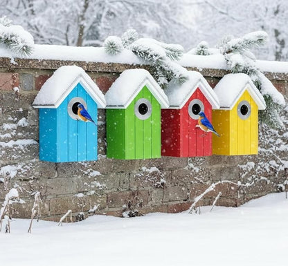 2PK Cedar Bluebird House, Wooden Bird House for Outside, 1.5" Entrance Hole Size, Stainless Steel Entrance Hole Protector, Silver Metal Roof, Colorful Garden Decorative, Pole Mountable (Yellow+Red)
