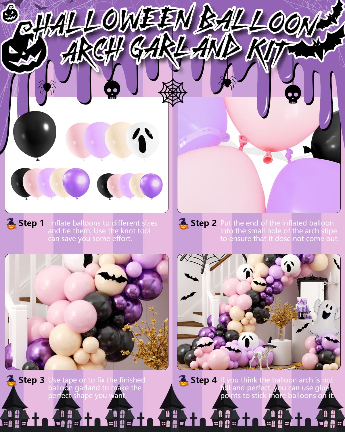 Halloween Balloon Arch Kit, OTLGEUA 127Pcs Pink Halloween Party Decorations Include Black Pink White Purple Balloons Garland, Spider Web, Bats, Ghost Foil Balloon