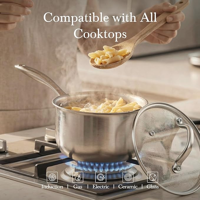 Tri-ply Stainless Steel Pot - 1.5 Qt & 2.5 Qt Heavy Duty Sauce Pan with Lid, Nonstick Stainless Steel Cookware Set Cooking Pot, Multipurpose Saucepan with Stay Cool Handle