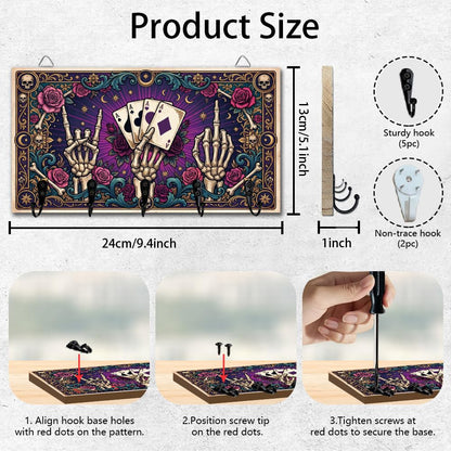 DELORIGIN Gothic Style Skull Hand Key Holder Divination Key Hooks Organizer Hanger Playing Cards Wall Mounted Wooden Key Rack with 5 Key Hooks for Home Entryway Front Door Kitchen Hallway Bedroom