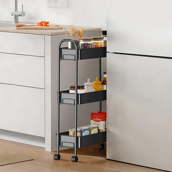 Slim Rolling Cart, Metal Frame Utility Rolling 3-Tier Narrow Storage Cart with Handle Kitchen Storage Organizer, Mobile Shelving Unit for Bathroom Kitchen