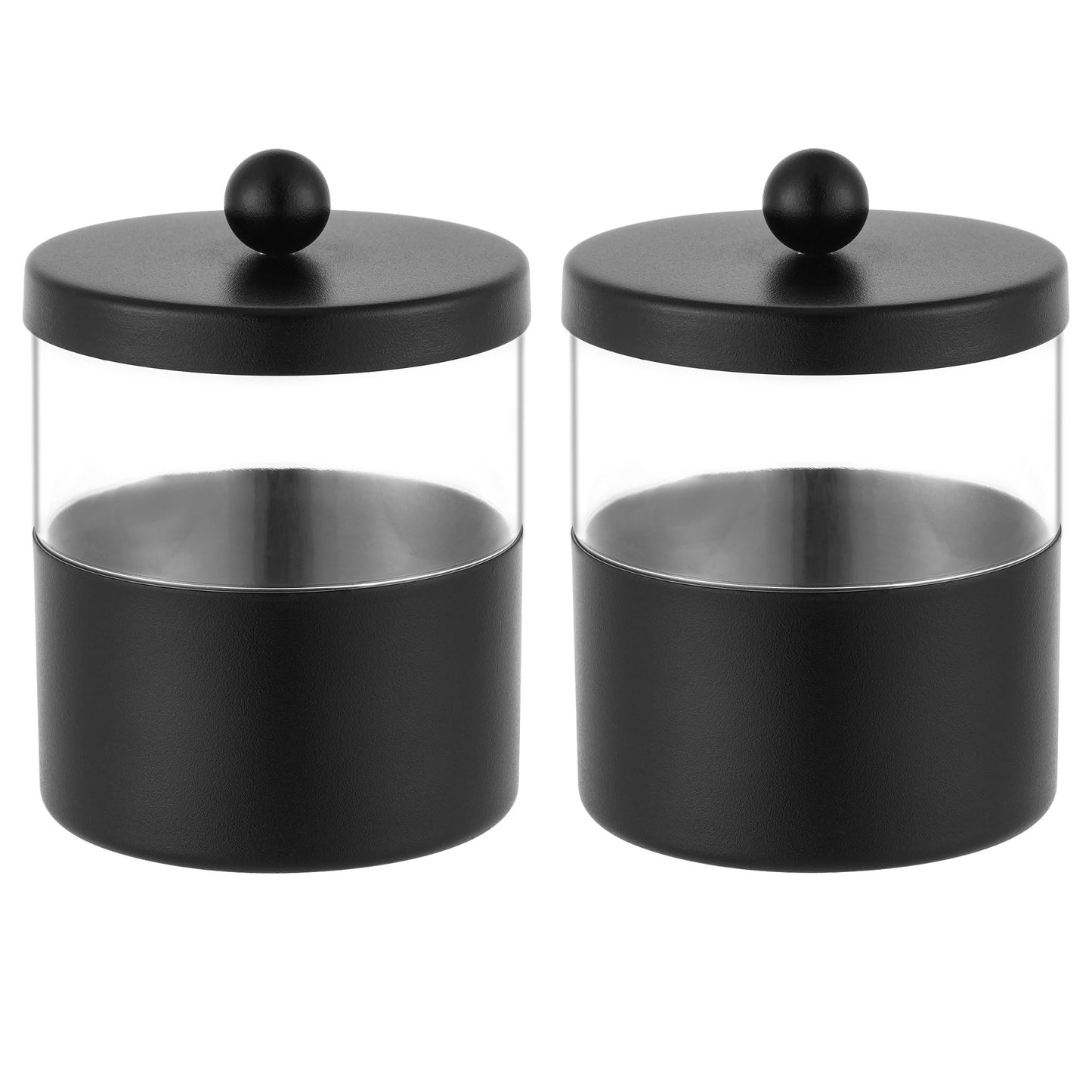 Gaussra Black Apothecary Jars, Black Qtip Holder - Stainless Steel Bathroom Jar with Stickers - Farmhouse Decor Qtip Dispenser for Qtips, Cotton Balls, Swabs, Makeup Sponges (2-Pack)