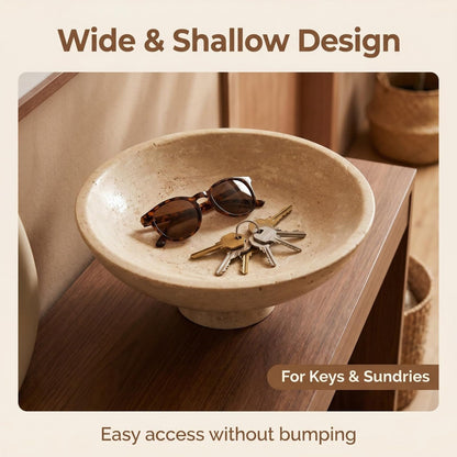 Natural Travertine Fruit Bowl for Kitchen Counter11.8",Large Decorative Bowl & Travertine Bowl Pedestalfor Kitchen Counter & Dining Table ,For Entryway, KitchenFruit Bowl, Dining Table Centerpiece.