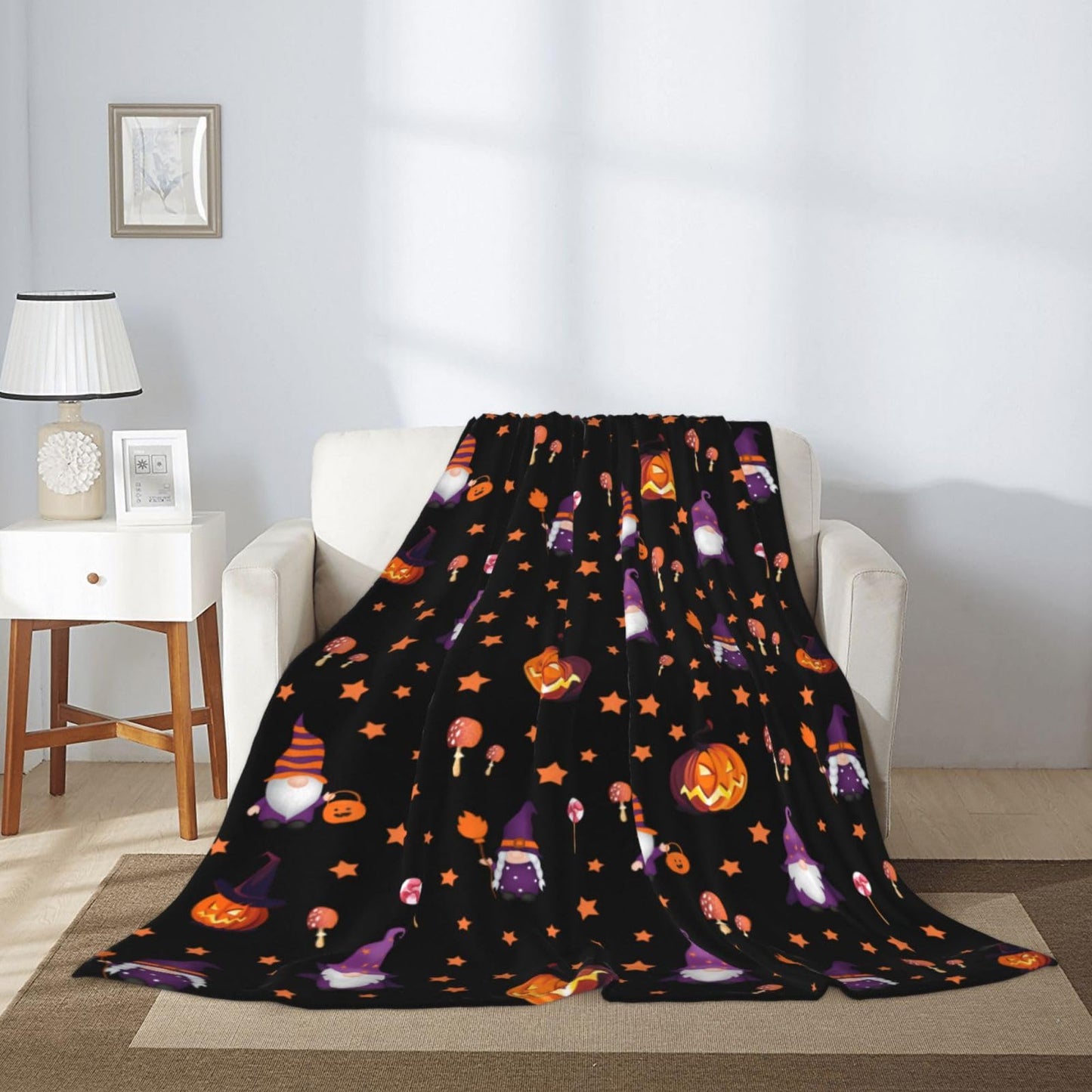 Halloween Blanket Cute Gnome Pumpkin Black Blanket Halloween Lightweight Throw Blanket for Women Kids Soft Cozy Fleece Couch Living Room 40x50 inches