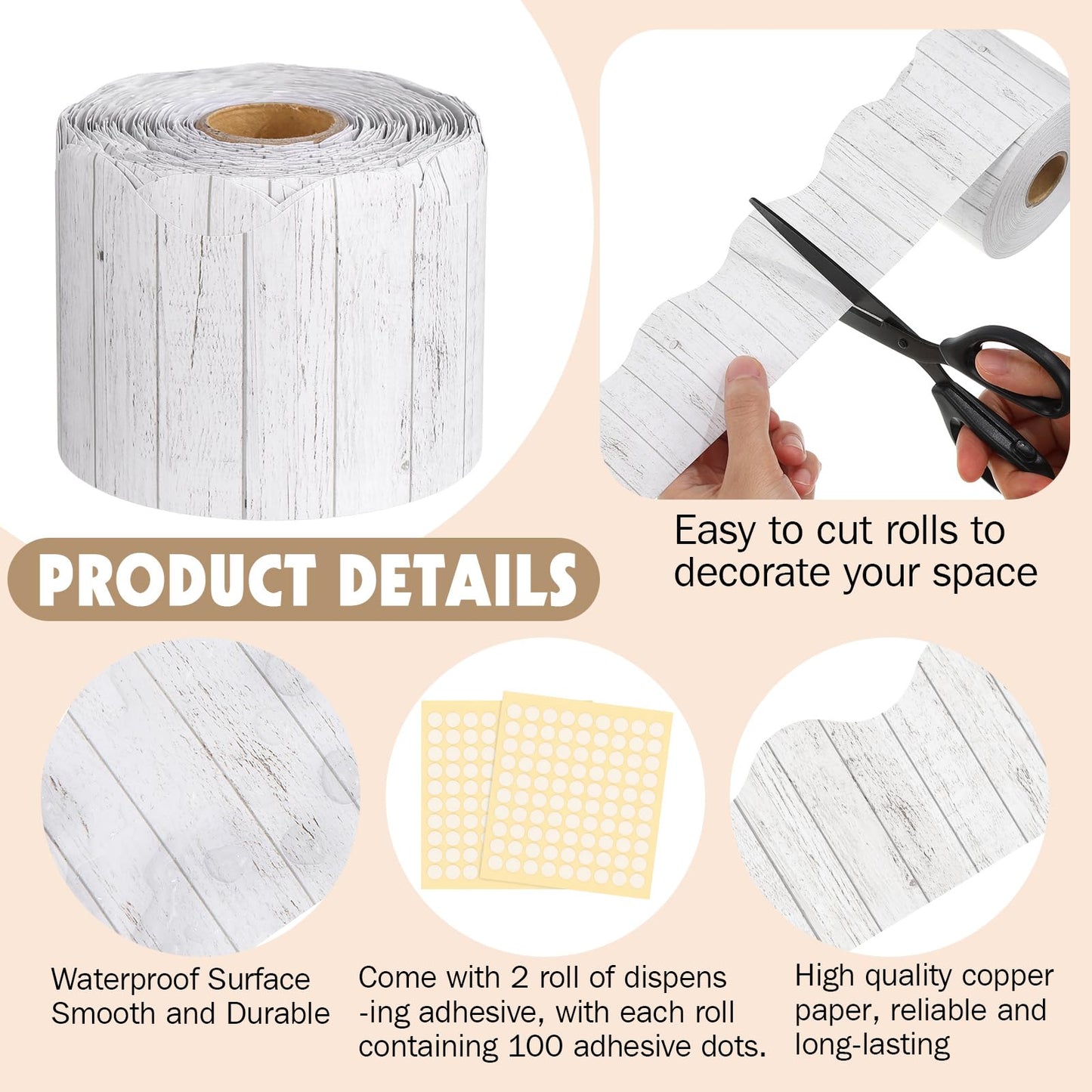 Tenceur 120 Feet Bulletin Board Borders Wooden Pattern Straight Rolled Border Trim Wood Straight for Classroom Schools Office Decoration(White)