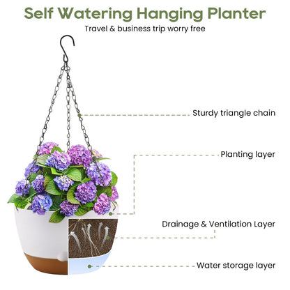 Dovesail 12/10/8 Inch Hanging Planter, Hanging Plastic Plant Self Watering Pot with Drainage Holes and Saucers, Hanging Baskets Flower Pots for Indoor Outdoor Garden Plants and Flowers,Set of 3-White