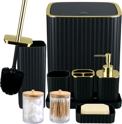 9PC Set Black and Gold Bathroom Accessories Set with Trash Can, Toilet Brush,Soap Dispenser, Q-Tip Holder | Modern Home Bath Essentials (Black and Gold)