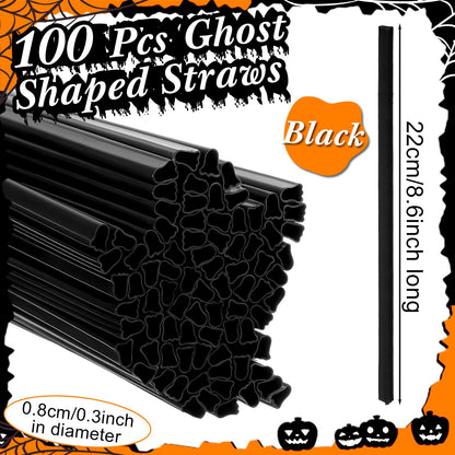 Potchen 100 Pcs Plastic Straws Disposable Drinking Straw Bulk for Cocktail Summer Wedding Birthday Party Spooky Party Supplies(Black,Ghost)