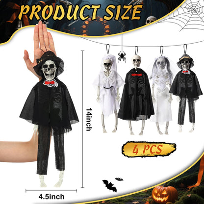 Poen 4 Pack 16" Halloween Hanging Skeleton Decorations Small Full Body Posable Skeletons with Movable Joints Plastic Mini Spooky Decor for Halloween Party Haunted House Lawn Graveyard Props(Wedding)