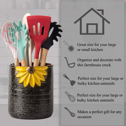 GABROC Utensil Crock, Kitchen Utensil Holder, Ceramic Utensil Holder for Countertop, Cooking Utensil Holder for Kitchen Sunflower Decor Large Kitchen Spatula Holder