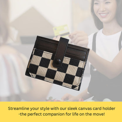 TURBOOST Cute Slim Card Holder Canvas Front Pocket Checkered Wallet, Small Credit Card Case for Women (Black)