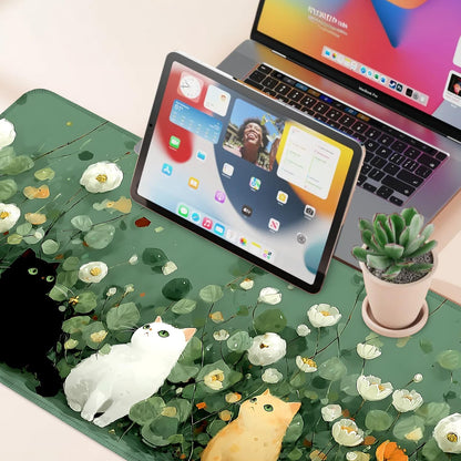 Desk Mat, XXL Extended Gaming Pad for Desktop, 31x12 Inches Floral Cats Three Kittens with Flowers, Large Non-Slip Vegan Leather Surface with Stitched Edges, Keyboard Mouse Mat for Home Office