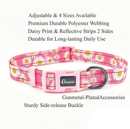 Dog Collar Leash Set, Floral Pattern, with Safety Reflective Strips, 5 ft Matching Leash, Neoprene Padded Handle, Adjustable 4 Sizes for Small Medium Large Dogs.(S, Pink Daisy)
