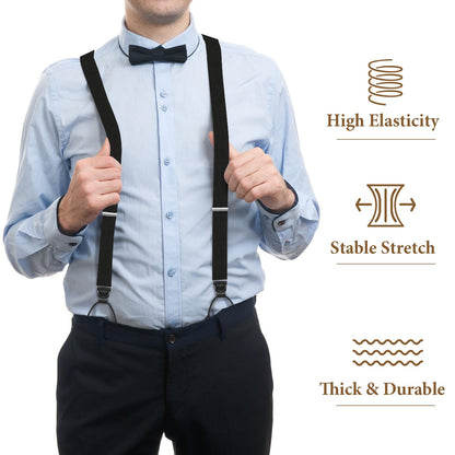 Button Suspenders for Men Y-Back 1.4 Inches Wide Leather Button End Elastic Adjustable Suspenders for Men Tuxedo Black Braces