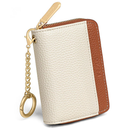 YUYULA Lether Women Credit Card Wallet, Zipper Business Card Holder for Women, RFID Blocking, KeyChain Wallet (Beige With Brown)