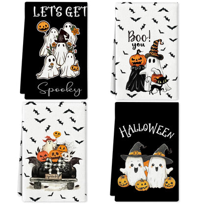 Zeptrix Kitchen Towels Halloween Kitchen Towels Funny Hand Towel for Bathroom Halloween Bathroom Decortions Pumpkin 4 Pcs Bat Ghost Truck Dish Cloths Gift for Home Wall Decor 16x24 Inch(White Black)