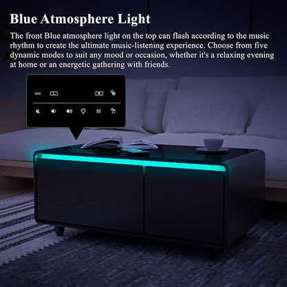 Smart Coffee Table with Fridge and Bluetooth, Smart Living Room Table with Frozen Drawers, Dual Speakers, 15W Wireless Charger, Touch Control, USB Ports, Atmosphere Light, LT90 Ultra-Black