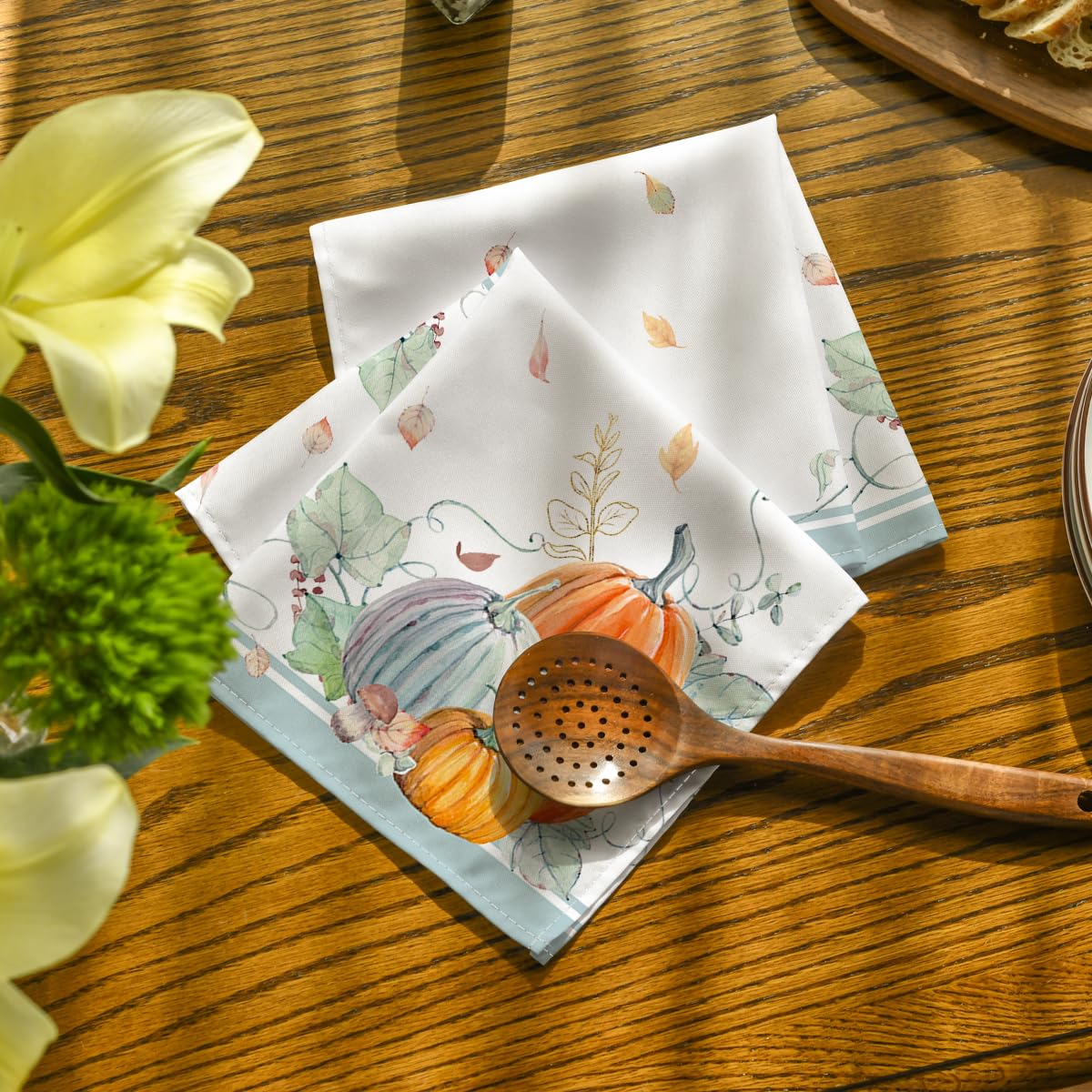 Horaldaily Fall Cloth Napkins 18 x 18 Inch, Thanksgiving Autumn Harvest Orange Blue Pumpkin Leaves Party Dinner Decoration Washable Napkins Set of 6