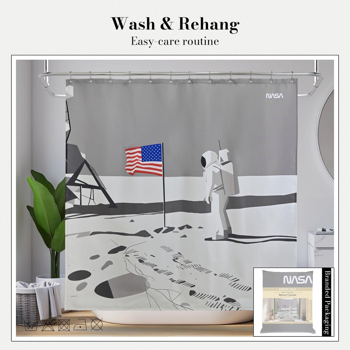 DRIFTED ROOT NASA Licensed Shower Curtain Set, Minimalist Moon Landing Astronaut Design, Space Poster Art, Oxford Cloth, Bathroom Hotel Decor (Silent Tranquility-Gray/White, 72" W x 72" L (Pack of 1))
