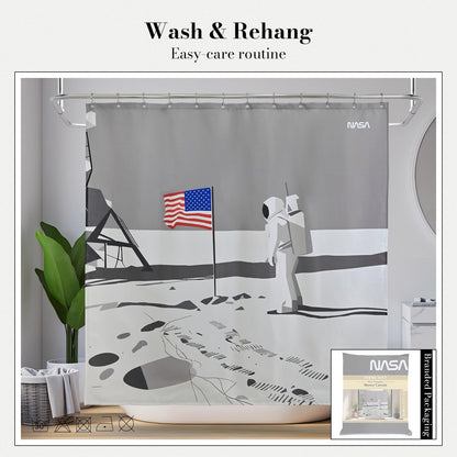 DRIFTED ROOT NASA Licensed Shower Curtain Set, Minimalist Moon Landing Astronaut Design, Space Poster Art, Oxford Cloth, Bathroom Hotel Decor (Silent Tranquility-Gray/White, 72" W x 72" L (Pack of 1))
