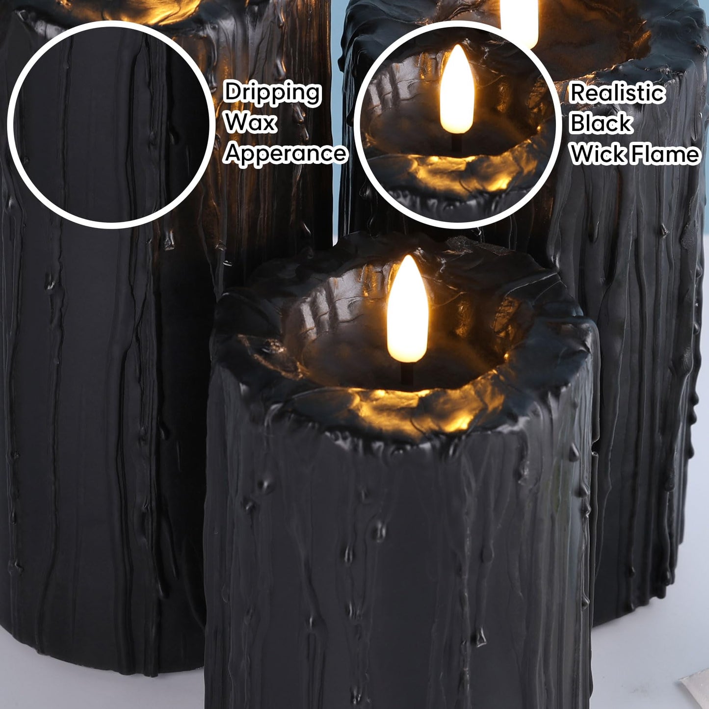Eywamage Black Dripping Wax Flameless Pillar Candles with Remote, Flickering Halloween Battery LED Candles Set of 3