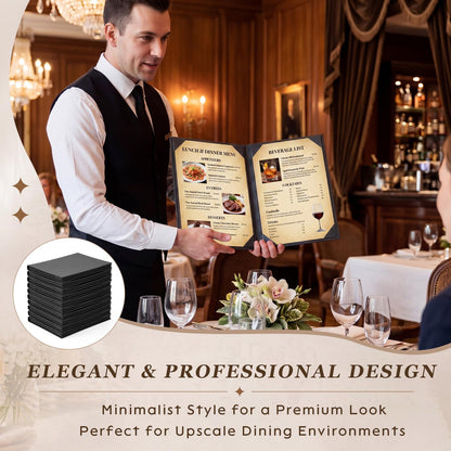Ferrochef 10 Pack Leather Menu Covers, 6 View Menu Holder 8.5 x 11 Inch for Restaurant, Cafes, Bars, Wine List, Drinks, Commercial and Home Use, Black