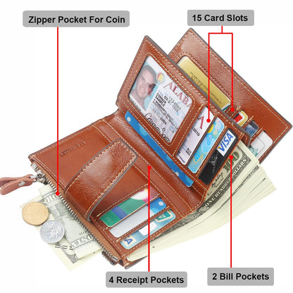 Lavemi Small Compact Women Wallet RFID Blocking Genuine Leather Bifold Purse with ID Windows(Brown)