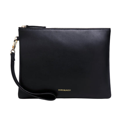 DORIS&JACKY Lambskin Leather Wristlet Clutch Purse For Women Large Soft Designer Wallet With Strap… (Lambskin-black, black)