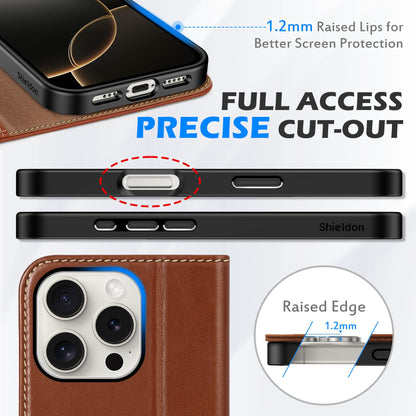 SHIELDON Wallet Case for iPhone 16 Pro 6.3" 2024, Genuine Leather Folio Magnetic Closure RFID Blocking Card Holder Kickstand Full Protection Phone Case Compatible with iPhone 16 Pro - Retro Brown