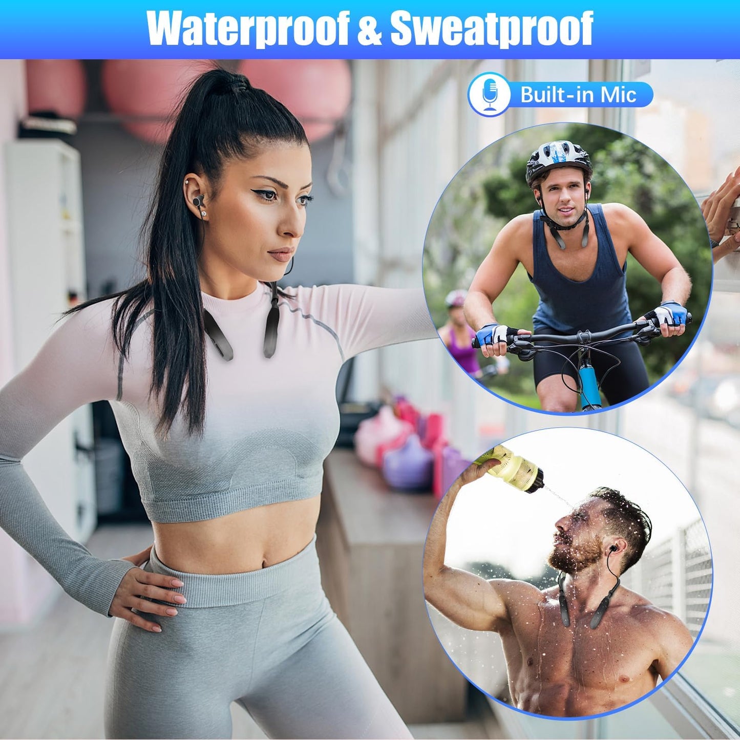 Lecefty Neckband Bluetooth Headphones, 200H Extra Long Playtime Wireless Stereo Neckband Earbuds with Microphone, Waterproof Balanced Armature Drivers in Ear Headset for Sports/Workout (Silver)