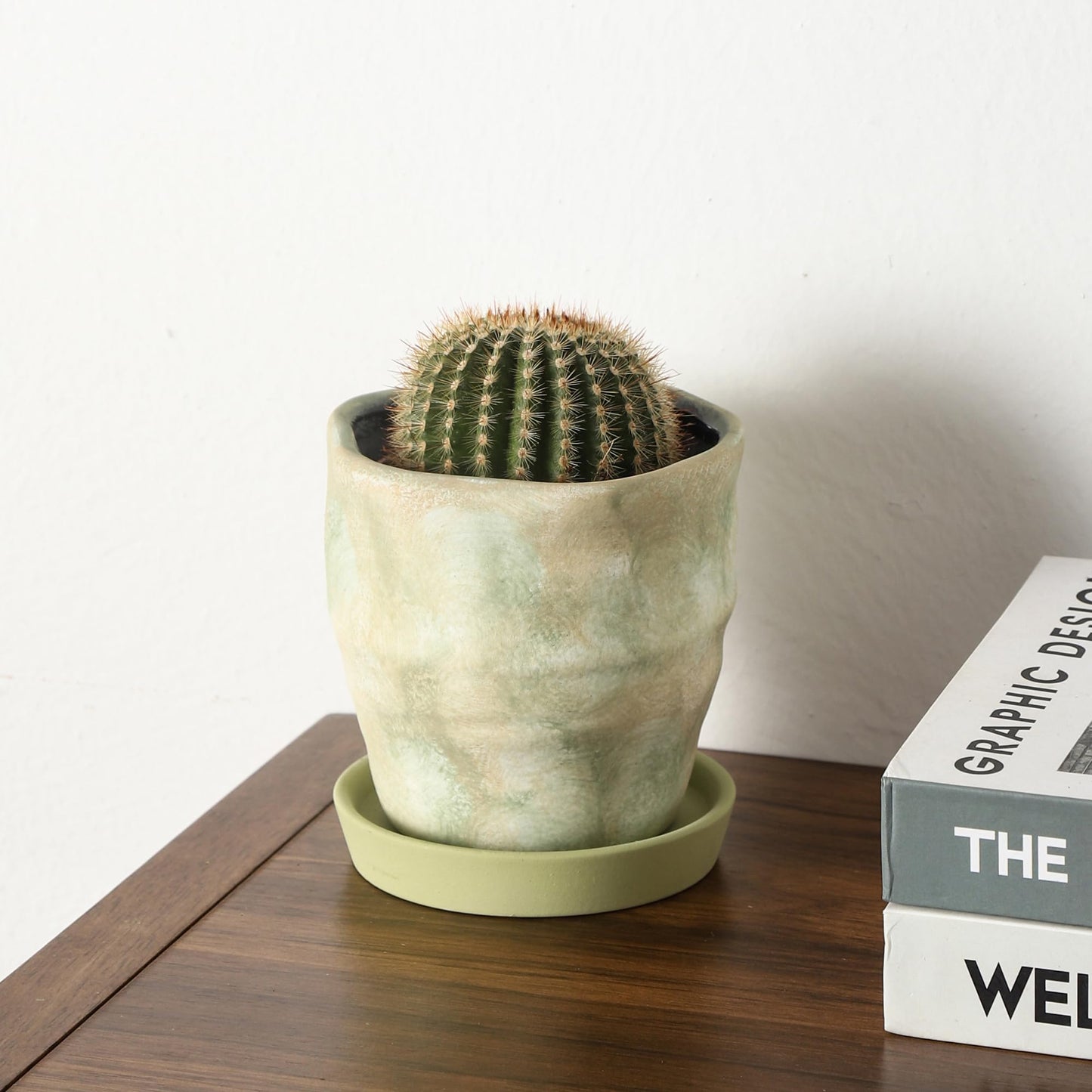 Pkeo Bbun 4+6 Inch Ceramic Planter Set of 2 with Drainage Hole,Saucer for Plants, Indoor-Outdoor Large Round Succulent Orchid Flower Pot- Cement Paint, Inner-pots not Larger Than 5 Inch Light Green