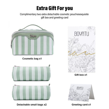 BOYATU Travel Makeup Bag Cosmetic Bag for Women: 3 Pcs Set Striped Make up Bag with Compartments - Waterproof Vegan Leather Toiletry Bag with Handle - Makeup Organizer for Travel Essentials(A-2-Green)