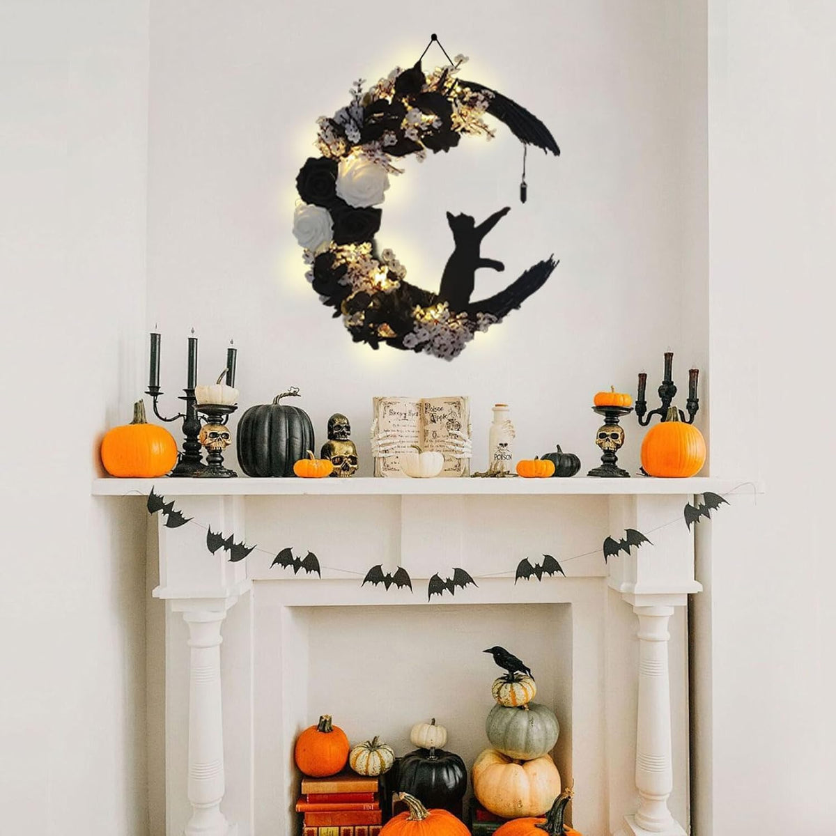 Black White Halloween Wreath with Lights, Crescent Moon Cat Gothic Wreath with Black Rose, Witchy Dark Spooky Front Door Decor for Indoor Wall Home (Black, with Lights)